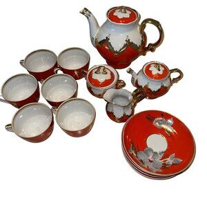 Russian Vintage White Red Gold Floral Porcelain Teapot Tea Mug Tea Cup Saucer SE